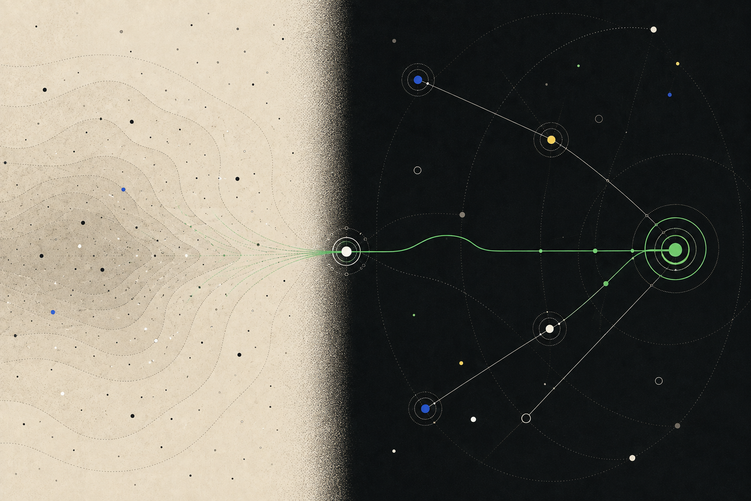 An abstract map contrasting aggregate intent fields with discrete buying-signal evidence before qualification