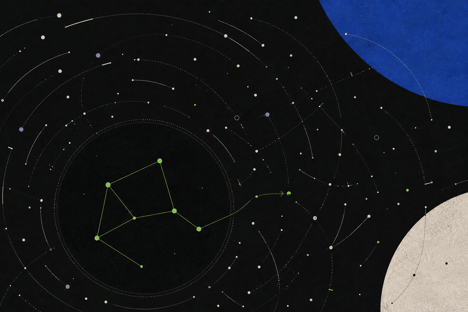 An abstract signal field where a small green evidence constellation separates from surrounding noise