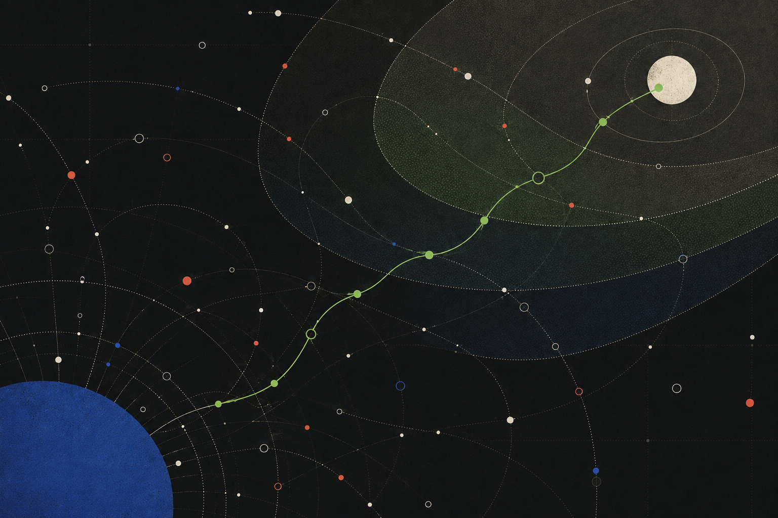 An abstract competitor-engagement field where a selected green route crosses qualification bands