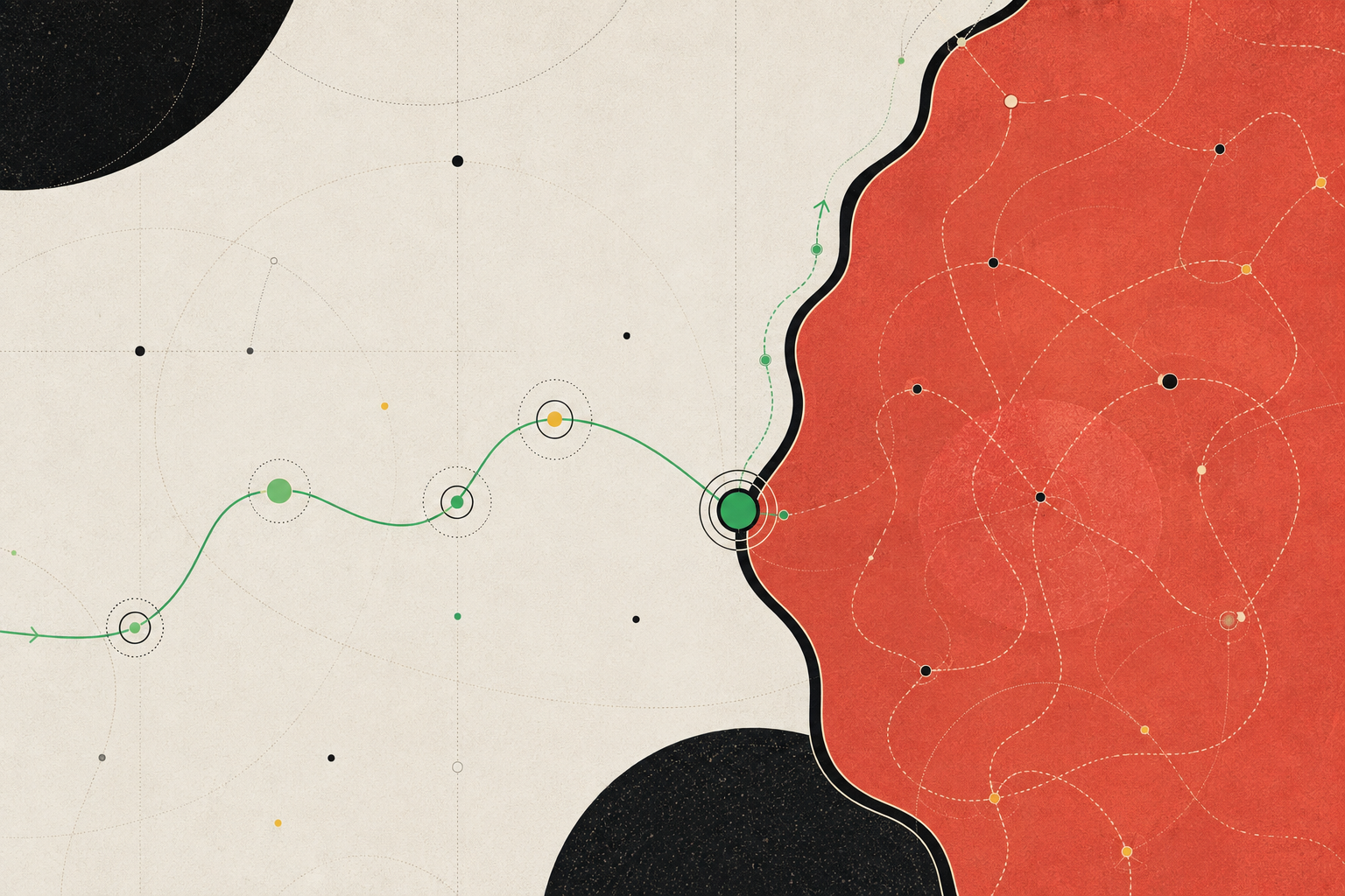 A safe green automation route pausing at the boundary of a restricted coral action territory